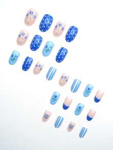 24pcs Oval-Shaped Spring/Summer Polka Dot, Striped, Floral Pattern Short Nail Stickers, Suitable For Fashionable Girls, Career Women, Parties, Dates, Daily Wear And Special Occasions Press On Nails - Multicolor - View 3