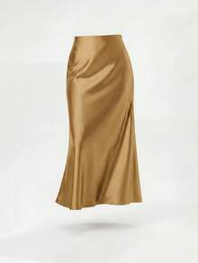 YROOE 女士时尚休闲简约优雅弹力缎面感缎面半身裙 - 駝色 - 查看 1