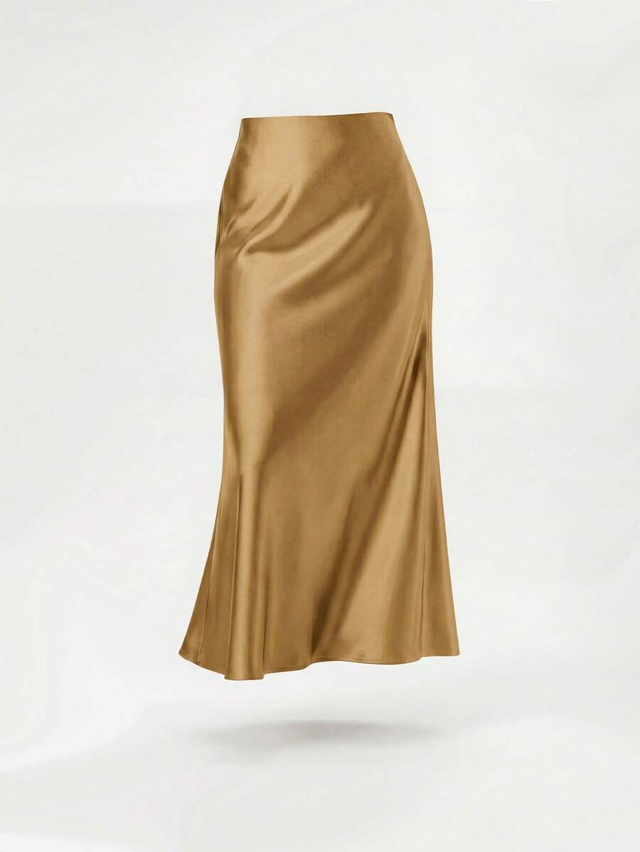 YROOE 女士时尚休闲简约优雅弹力缎面感缎面半身裙 - 駝色 - 查看 1