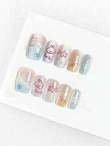 10片装 新款卡通可爱设计感 高端按压式方形猫眼渐变手绘轻奢美甲贴纸 - 彩色 - 查看 8