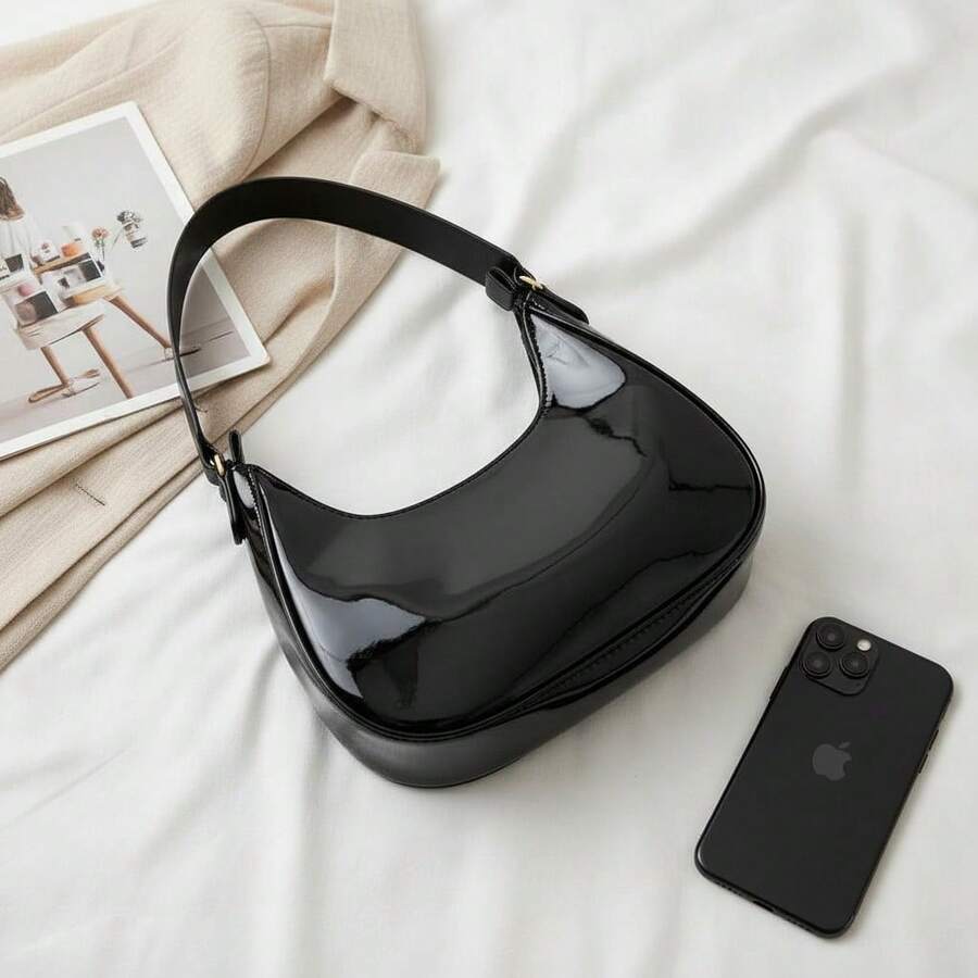 Santorini handbag Women's Baguette Bag, Spacious, Beautiful, Medium-Sized, Stylish, Casual Shoulder Bag - 黑色清漆 - 查看 1