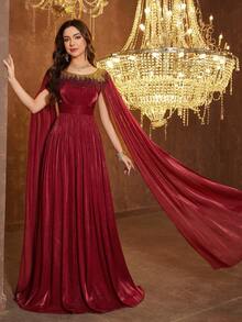 SUPGIR 【随机花卉图案】V领灯笼袖雪纺亮片刺绣收腰派对晚礼服 - 酒紅色 - 查看 1