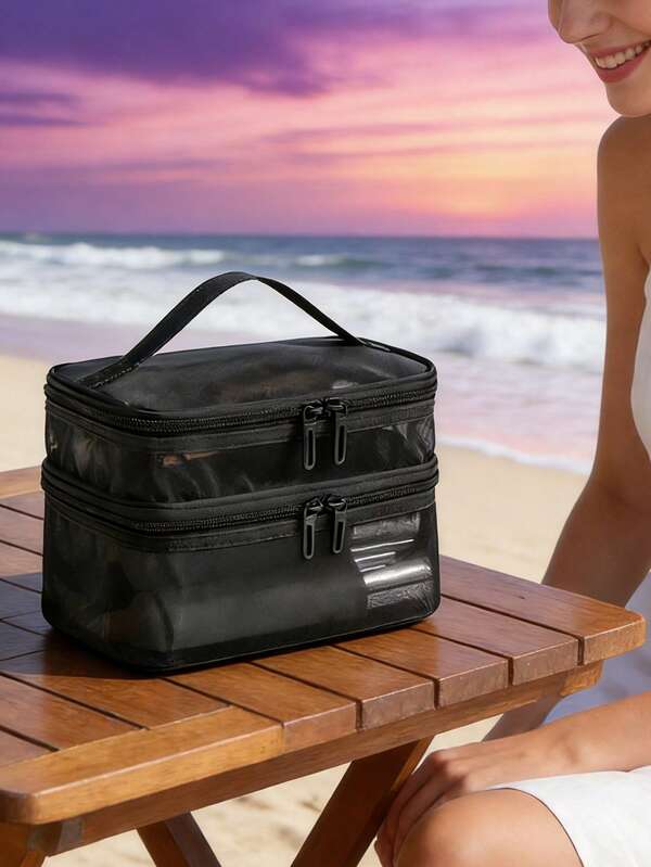 Bolsa de cosméticos de malla portátil, bolsa de aseo de gran capacidad para viajes, adecuada para viajes de verano, playa, baño, uso en hotel. Bolsa de playa minimalista para mujeres para actividades al aire libre, puede almacenar protector solar, artículos de tocador, cuidado de la piel, maquillaje. Adecuado como regalo de cumpleaños, regalo de viaje, regalo del Ramadán, regalo del Día de la Madre, esencial para primavera y verano