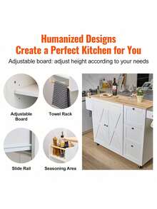 Kitchen Island Cart With Solid Wood Top, 45.3" Width Mobile Carts With Storage Cabinet, Rolling Table With Spice Rack, Towel Rack, Drop Leaf And Drawer, Portable Islands On Wheels, White - White - View 5