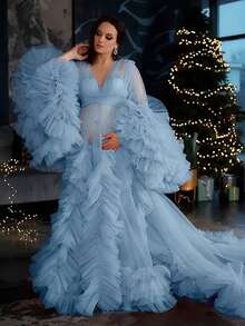 Elegant Maternity Dress Size XS S M L XL 2XL 3XL 4XL For Photoshoot Photography Mesh Fabric Knot Ruffle Hem Wedding Summer Fall Spring Winter Ruffles Long Sleeves Kimono Pregnant Gowns For Photoshoot Plus Size Gift For Valentine Day - 藍色 - 查看 1