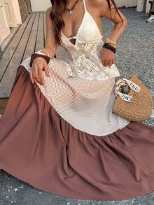 Vestido largo de estilo bohemio EARO para mujer, patchwork de pata de gallo en color café con volante en el bajo, corte evasé, exclusivo para vacaciones de verano - Marrón - Ver 7