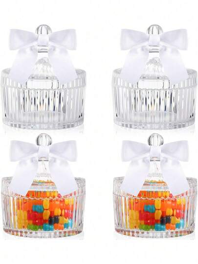 Geelin 4 件装玻璃糖果罐带盖水晶糖果碟带蝴蝶结 260ml / 9oz 饼干收纳碗装饰饼干罐首饰盒带丝带适用于自助餐家庭派对婚礼装饰礼品（白色）