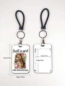 1pc ABS Black Rope Flower & Horse Head Pattern Fashion Personalized Cartoon Pull-Type Card Clip Keychain Bag Pendant, Student Wristband Card Clip, Women Student Card Clip, ID Bus Protection Case, Student Campus Card Protection Case - Rectangle - View 5