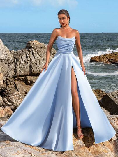 Faeriesty Women's Solid Color Pleated Strapless Evening Dress, Suitable For Weddings, Formal Galas, Red Carpet Events, Cocktail Parties And Other Occasions Spring