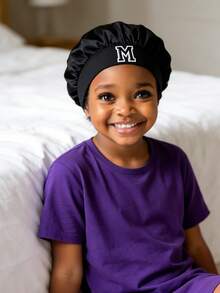 1 Pc A-Z Letter Hats Kids' Bonnet Hat Set Elastic & Printed & Comfortable Headwear Sleeping Cap - Black - View 4