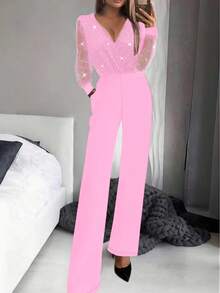 Women's Sexy Black Sequin Mesh Jumpsuit With Deep V-Neck Pink Elegant - Pink - View 7