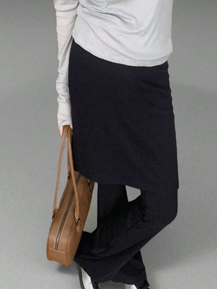 1-Piece [Y2K Light Subculture] Striped And Ruffled Pseudo-Two-Piece Pant Skirt, Layered Style, Slimming Look, Spring/Autumn, Korean Style, Girly, Cool And Cute, New Arrival, Fake Two-Way Culottes, Striped And Frilled, Leg-Lengthening Effect, Ease Of Movement, Dark And Light Tones, Women's - 黑色 - 查看 1