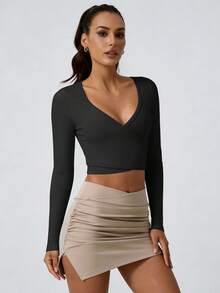 NcmRyu 1件女士V领系带短款长袖运动T恤 - 黑色 - 查看 7