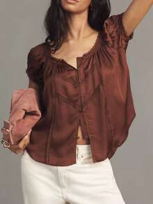 Women's Sweetheart Neck Puff Short Sleeve Blouse Lace Trim Button Front Relaxed Fit Boho Peasant Top - Coffee Brown - View 2