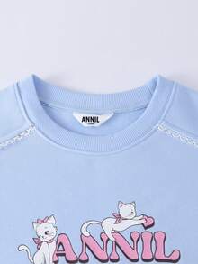Annil Girls' Breathable And Comfortable Round Neck Long Sleeve Sweatshirt, New Spring Style, Sweet And Versatile Cat-Themed Base Layer - String Blue - View 3