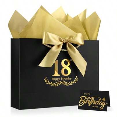 Black Gold 18th Birthday Gift Bag 12.6*9.84*3.9 With Card And Tissue Paper Elegant Present Bag For Adults 18 Year Old Birthday Keepsake Party Supplies