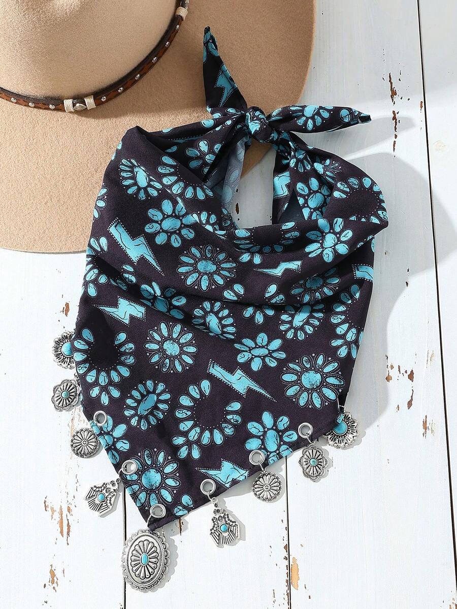 1条西部风格女式时尚牛仔女郎绿松石闪电印花围巾 - 配有花卉配饰，绿松石闪电印花方巾，适合日常佩戴 - 彩色 - 查看 1
