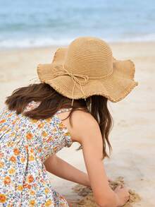 1件女童夏季海灘遮陽帽，附蝴蝶結，UPF 50+ 防紫外線，寬帽簷可折疊可收納捲邊帽，度假風 - 彩色 - 查看 7
