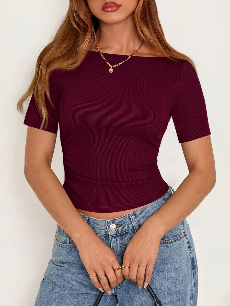 Fall New Arrival Women's Long-Sleeve Top Crop-Top Style Casual Outerwear Boat Neck With Bell Sleeves Ribbed Pleated Design Millennial-Inspired Fashion - Màu đỏ rượu vang - Xem 1