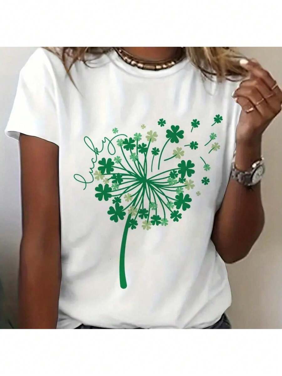 Maglietta grafica con tarassaco di San Patrizio - Maglia casual da donna con scollo rotondo e maniche corte, in cotone elasticizzato, con motivo di San Patrizio e trifoglio verde - Perfetta per la primavera e l'estate - Bianco - Visualizzare 1