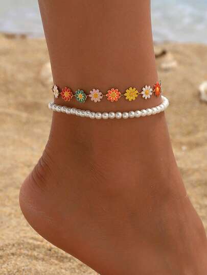 2pcs/Set Fashion White Faux Pearl Colorful Daisy Flower Beach Anklet Set, Suitable For Daily, Vacation, Travel, Summer Beach, Photo Shooting, Decoration. The Color Order Of The Handmade Daisy Flower Chain Is Random.