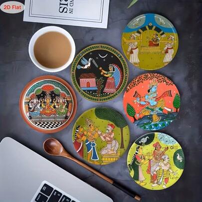 6pcs 2D Flat Wooden Coasters With Painted Patterns, Suitable For Home Gatherings, Cafes, Offices, Home Decor, Christmas Gifts