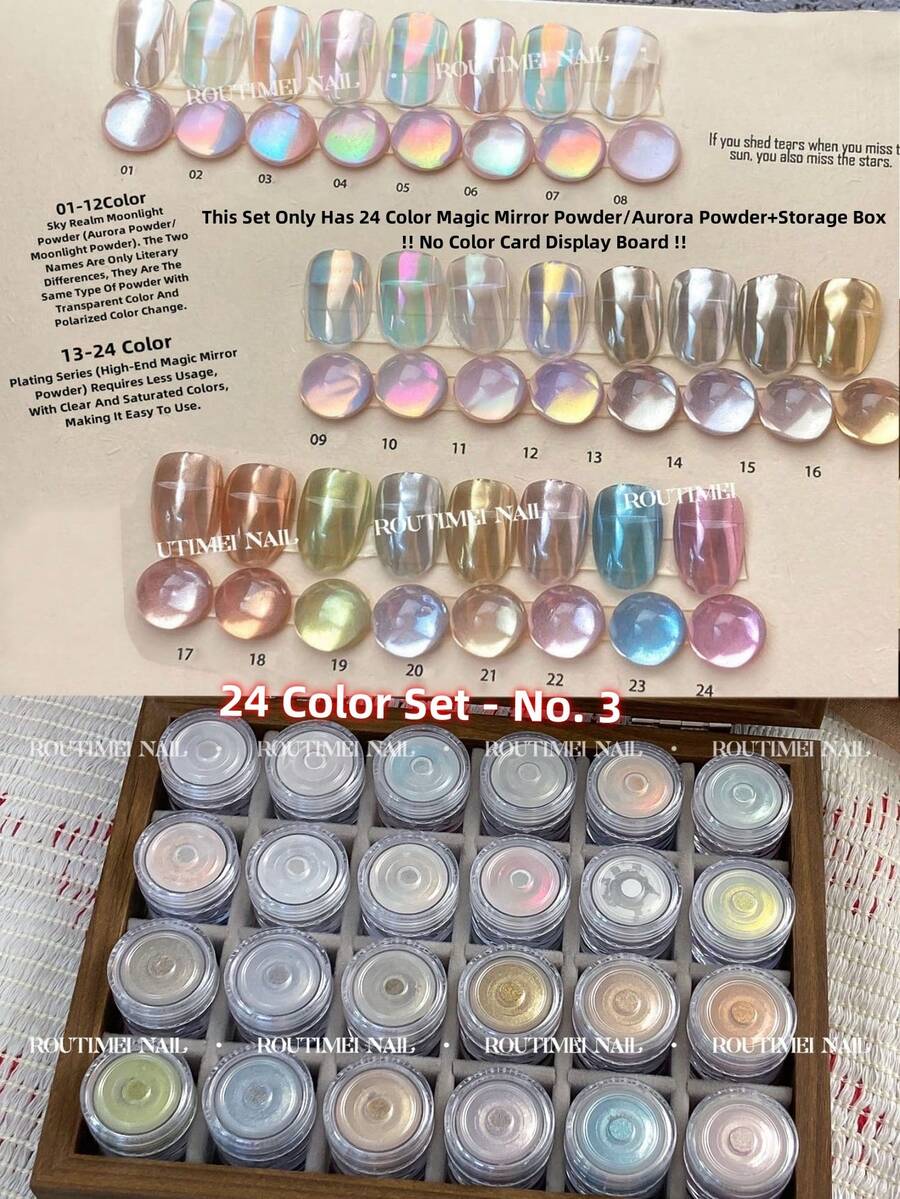 24pcs Premium Magic Mirror Nail Powder, 24 Super Bright Magic Mirror Makeup Powder, DIY Nail Art And Nail Accessories, Including Storage Box, Nail Decorations Opal Nail Powder (No Color Card Display Board) - Multicolor - View 1