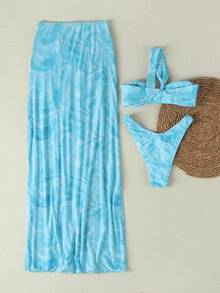 Bộ bikini quây ngực xếp ly xoắn ren họa tiết hoa mùa hè mới dành cho nữ, kèm váy che ngoài xẻ cao, thích hợp cho kỳ nghỉ biển. - Nhiều màu - Xem 3