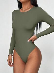 Women Spring Bodysuits For Long Sleeve Shirts Fitted Basic Ribbed Layering Bodys Tops Fall Fashion Winter Clothes Army Green Vacation Rompers Outfits For Women - Army Green - View 4