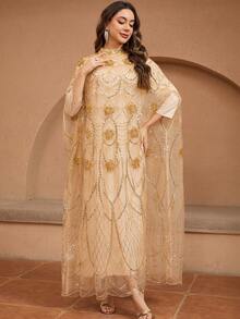 Luxury Apricot Gold Pearl Embroidered Lace Trim Long Wedding Dress - Apricot - View 2