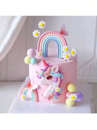 15pcs Unicorn Cake Decorations, Rainbow Cake Decor, Polymer Clay Baking Cake Decor, Butterfly Cake Decor, Unicorn Theme Birthday Cake Toppers, Suitable For Unicorn Theme Cake Decor, Birthday Cake Decor, Christening Wedding Cake Decor, Cute Sweet Cake Decor (Except For The Sticks, Please Do Not Directly Contact The Cake)