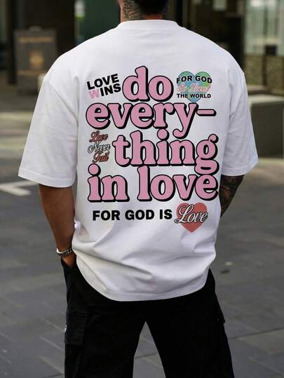 Men's Casual Y2K Style Pink Slogan Heart Graphic T-Shirt, Summer