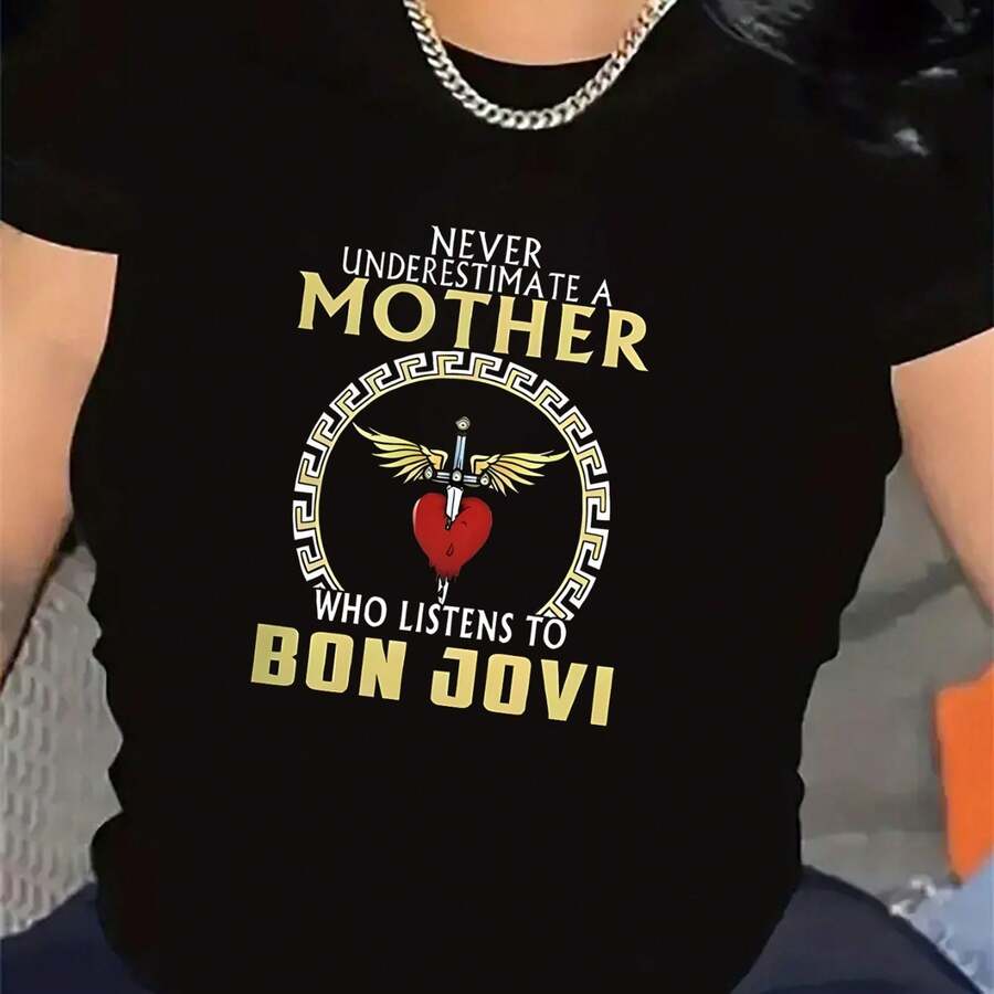 Women'S Motherhood Graphic T-Shirt - Never Underestimate A Mom Who Listens To Bon Jovi Tee - Lightweight Breathable Polyester Shirt For Everyday & Special Occasions - Perfect Gift For Music Lovers - Casual Maternity Top, Mom Shirt, Casual Wear, Round Neckline, Durable Comfort, Comfortable Fit, Home Wear, Inspirational Design, Soft Material, Short Sleeve Top, New Moms - 黑色 - 查看 1