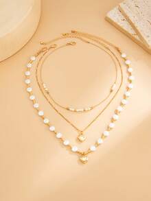 3件套优雅几何链条仿珍珠心形吊坠项链套装，奢华珠宝，适合婚礼、派对、度假、日常休闲、街头风格，女士及情侣礼物 - 項鍊 - 查看 4