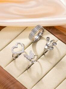 Bộ 4 chiếc nhẫn thép không gỉ cao cấp với ba hàng đá pha lê, thiết kế hình bướm, trái tim và lá, thích hợp cho phụ nữ đeo hàng ngày hoặc làm quà tặng ngày Valentine. - nhẫn - Xem 12