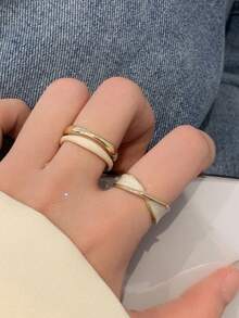 2枚不对称金色交叉双层釉面戒指，小众设计开口戒指 - 金色 - 查看 3