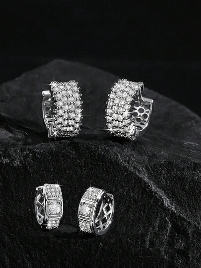 1 Pair Unisex Hip Hop Fully Rhinestone Luxury Hoop Earrings, Zirconia Inlaid Ring Earrings, Streetwear Style For Men And Women, Gold And Silver Colors, Copper Material Suitable For Daily And Party Wear