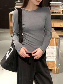 Thick Brushed Fitted Crew Neck Long Sleeve Elastic Knit Base Layer Top - Grey - View 5