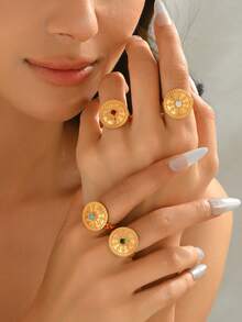 1pc Bohemian Style Colorful Zirconia Round Disc Adjustable Ring, Fashionable Party/Holiday Accessory For Women - Multicolor - View 1