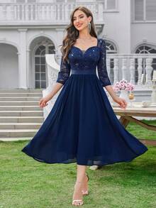 MIUSOL 亮片花卉蕾丝心形领口七分袖褶裥下摆优雅派对礼服，适合女士婚礼宾客、正式派对、毕业舞会、春季盛会等场合。 - 藏蓝色 - 查看 2