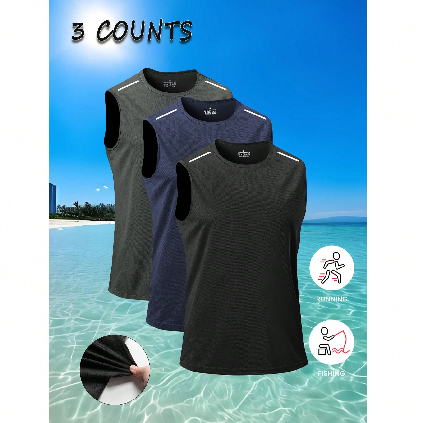 Set de 3 piezas Camiseta de tirantes deportiva para hombre, camiseta de entrenamiento sin mangas ligera para exteriores, unicolor con estampado, ropa