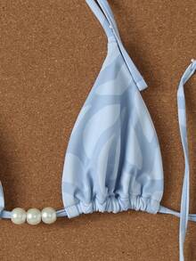 新款夏季沙滩女士性感优雅休闲比基尼套装，饰有仿珍珠装饰的挂脖系带，浅蓝色泳衣搭配同色迷你裙，是沙滩、度假、派对的必备单品 - 淺藍色 - 查看 4