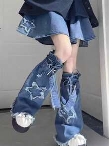 Y2K 星星刺绣朋克系带做旧牛仔喇叭腿套，复古夏季亚文化叠层腿套 - 彩色 - 查看 6