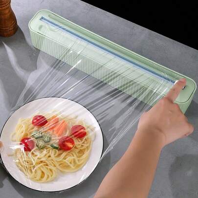 1pc Sliding Cling Film Cutter, Available In Green And White Colors, Reusable Plastic Dispenser With Suction, Can Be Attached To Fridge Or Tabletop, Also Suitable For Cutting Aluminum Foil, Ideal Kitchen, Dining, And Supermarket Essential