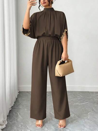 Plus Size Women Elegant Short Sleeve Jumpsuit, Stand Collar, Back Tie, Embroidered Cuffs, Suitable For Everyday And Party Wear Summer
