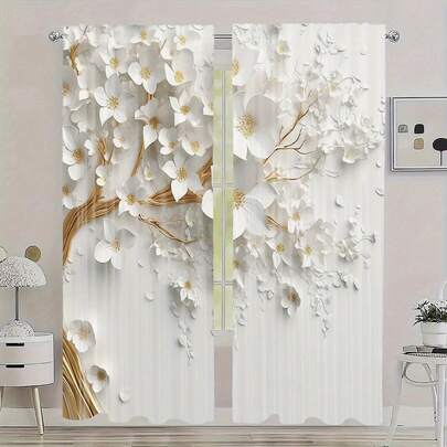 2pcs Art Deco Blackout Curtains, White Tree Of Life Print, Rod Pocket Polyester Panels, Elegant Nature Landscape Design, For Living Room, Bedroom, Dining Room