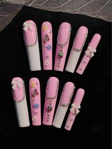 10 Pcs Handmade Armor Suits, Press On Nails, The Sweet Dollar Style Embodies The Lolita Fashion , Featuring A Main Color Palette Of Delicate And Pure White. The Fresh Pink And White Contrast Creates A Strong Sense Of Girlishness. Three-Dimensional Bows, Miniature Flowers, And Metallic Bow Decorations Enhance The Sweet And Cute Lolita Vibe. - 彩色 - 查看 2