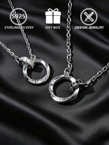 S925纯银双环情侣项链，黑白钻石可选，简约奢华设计，女友/情侣纪念礼物，日常百搭，礼盒包装 - 銀色 - 查看 5