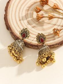 1 Pair Traditional Jhumka Earrings, Elegant & Charming Crystal Embellished Creative Design With Bell, Round Bead & Tassel, Suitable For Women & Girls Daily, Festival, Wedding And Party Wear/Jewelry Gift - Classic - View 5