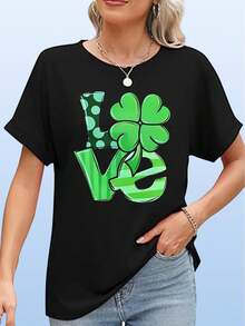 Women's St. Patrick's Day Love Clover T-Shirt - Casual Black Tee With Neon Green Shamrock Print, Short Sleeve, Round Neck - Black - View 1